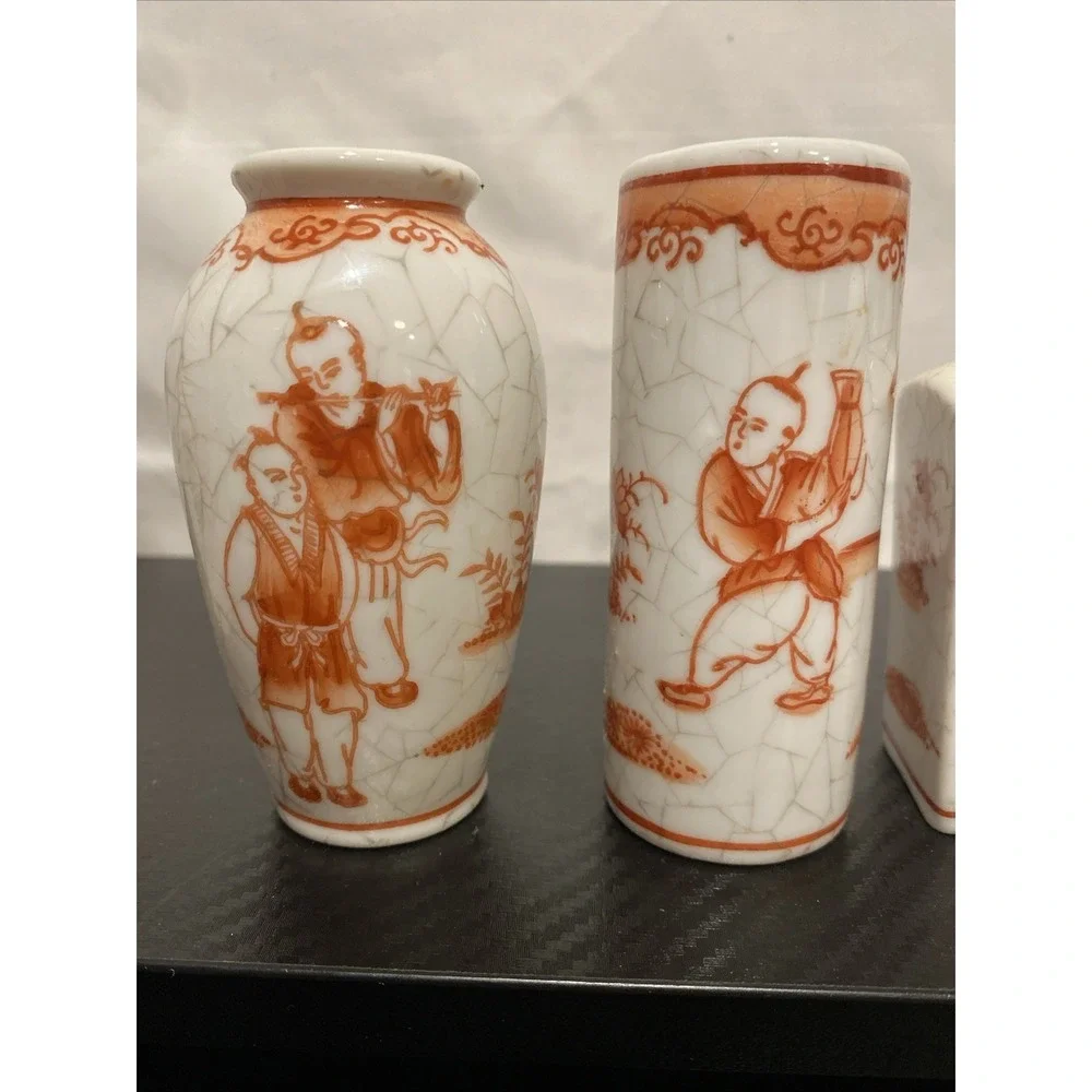 Vintage Oriental Objects D'Art Orange & White Crackle Mini Vases  Decorative 4